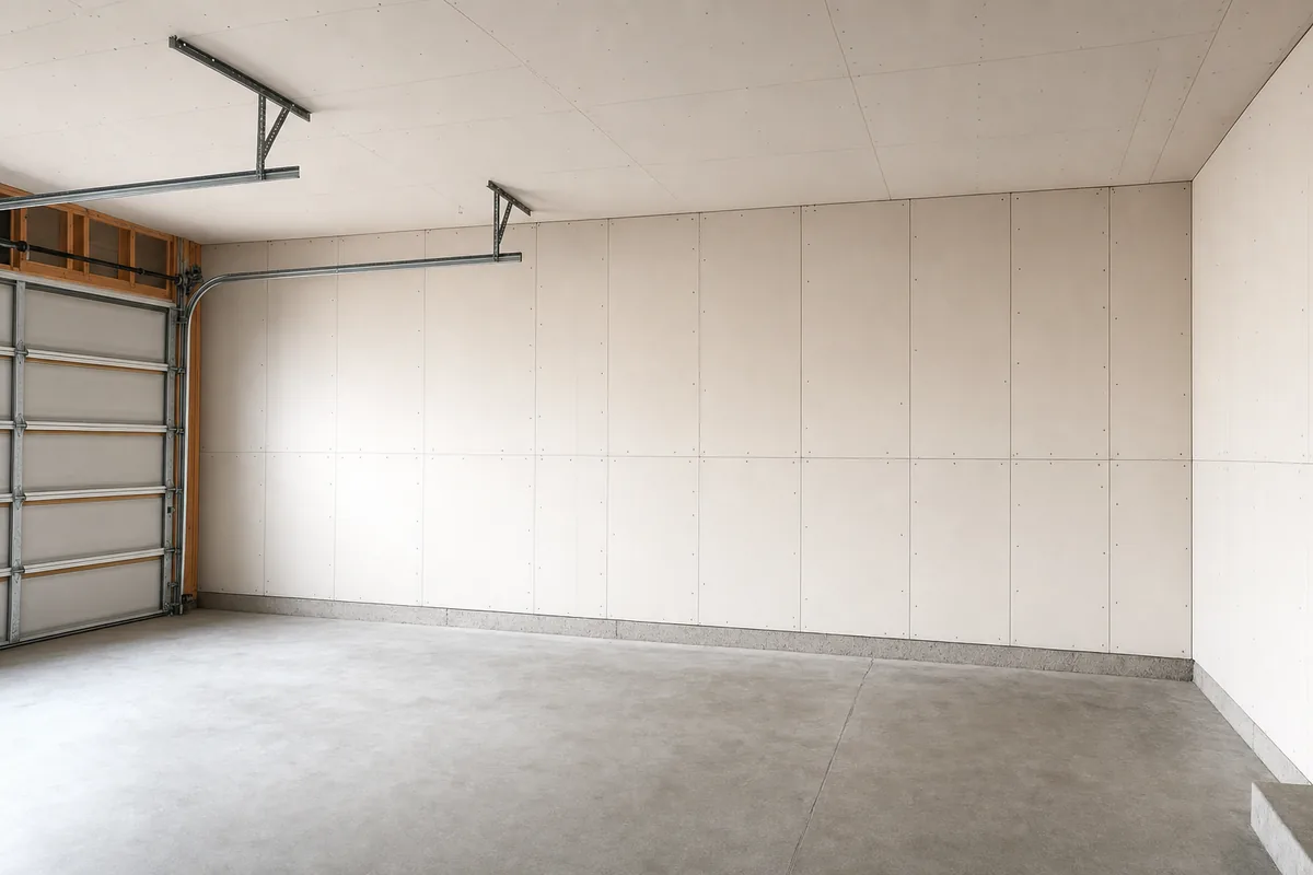 Garage interior with drywall installed on the walls