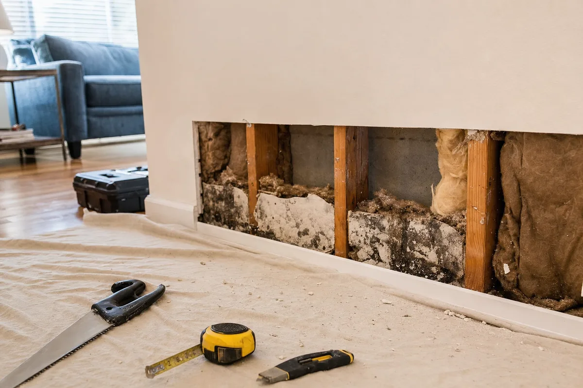 Wall opened up around water-damaged drywall